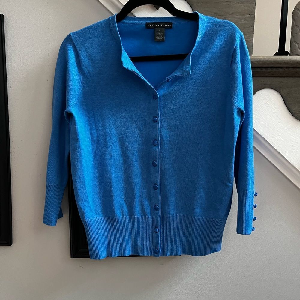 Grace Elements Royal Blue Satin Button Cardigan Sweater sz S EUC
